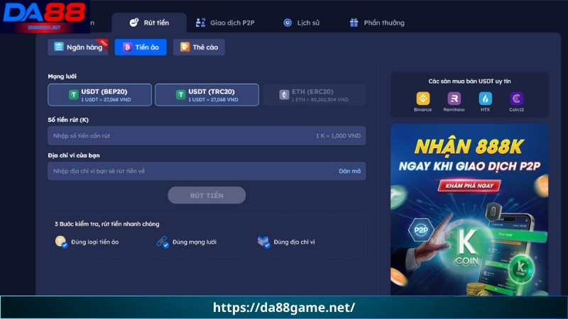 Hướng dẫn các phương thức rút tiền DA88 hỗ trợ